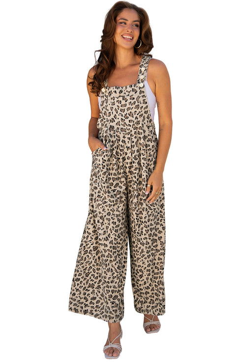Exclusive Ribbed Leopard Print Wide Leg Bib Jumpsuit