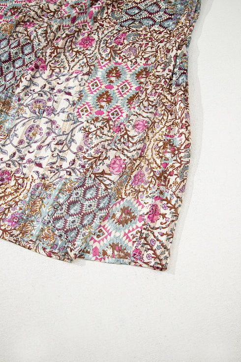 Bohemian Mixed Print Open Front Draped Kimono