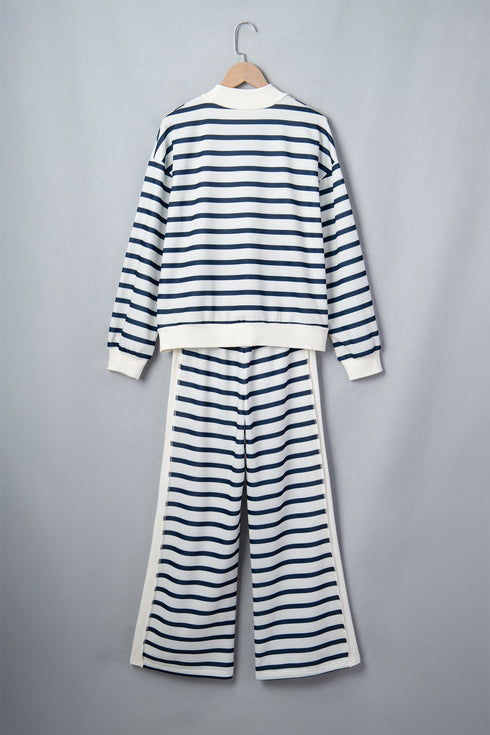 Striped Ribbed Cuff Collar Pocket Loose Pant Set