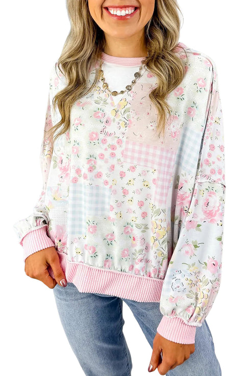 Floral Patchwork Twist Ribbed Trim Long Sleeve Top