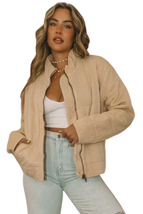 Casual Solid Zip Up Quilted Pocket Jacket
