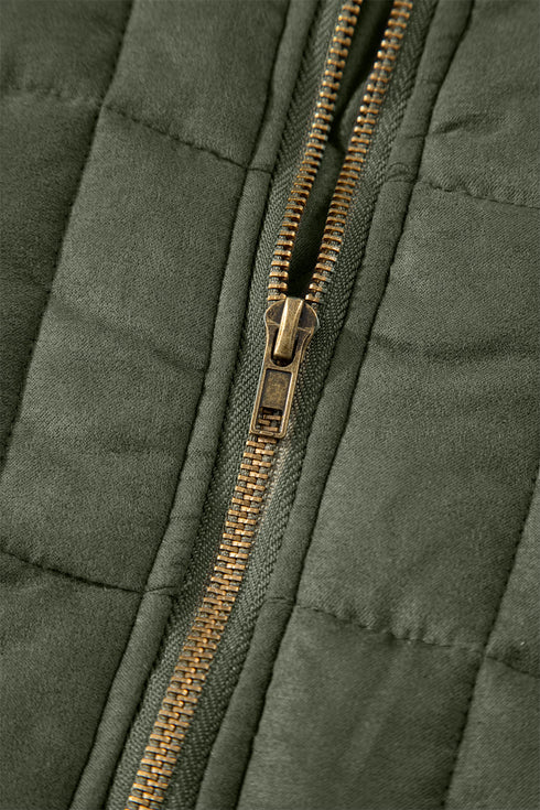 Casual Solid Zip Up Quilted Pocket Jacket