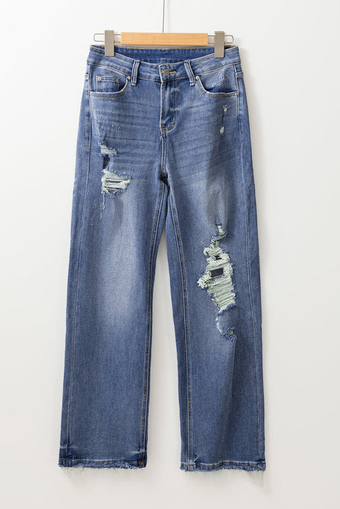 Distressed Cut Out Raw Hem Wide Leg Jeans