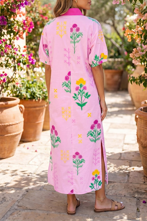 Floral Print Short Sleeve V Neck H Line Midi Dress