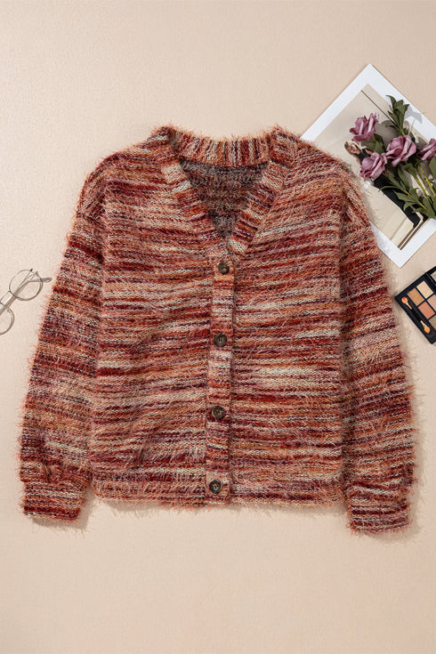 Polyester Fuzzy Striped Pattern Button Front Cardigan