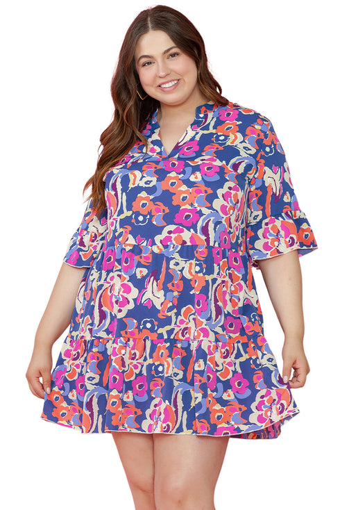 Floral Print Ruffled Three Quarter Sleeve Mini Dress