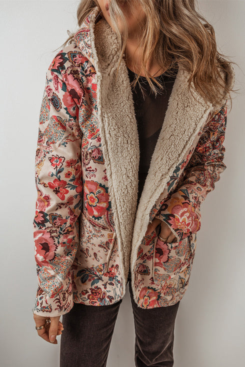 Bohemian Floral Print Sherpa Lined Fleece Hooded Jacket