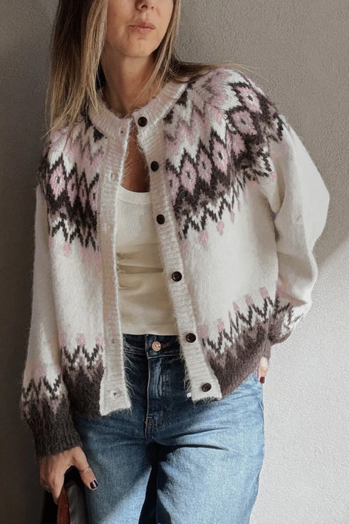 Geometric Pattern Brushed Knit Apres Ski Cardigan