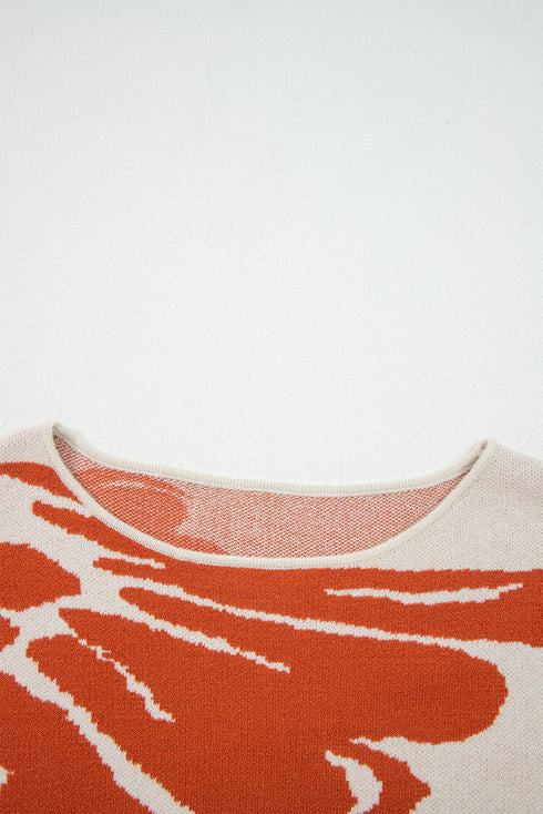Abstract Botanical Print Boat Neck Knit Pullover Sweater