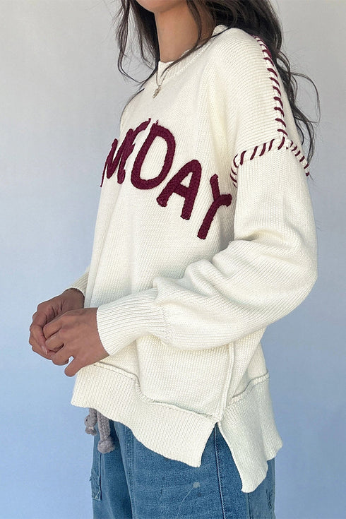 Embroidery Drop Shoulder Letter Print Pullover Sweater