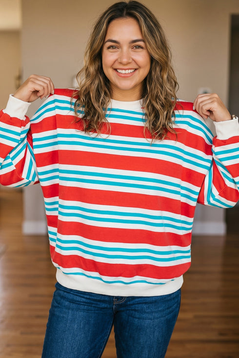 Striped Long Sleeve Round Neck Tunic Sweatshirt
