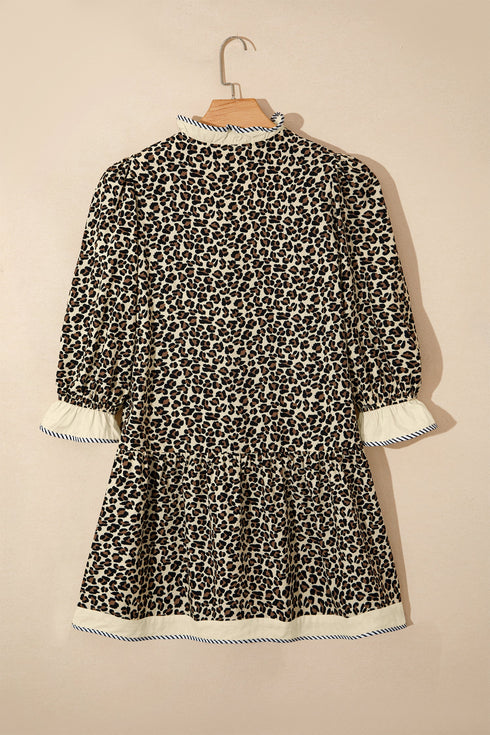 Leopard Print Contrast Trim Bracelet Sleeve Mini Dress