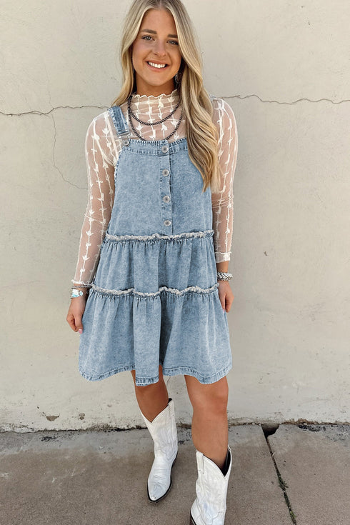 Washed Denim Tiered Flowy Western Overall Mini Dress