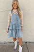 Washed Denim Tiered Flowy Western Overall Mini Dress