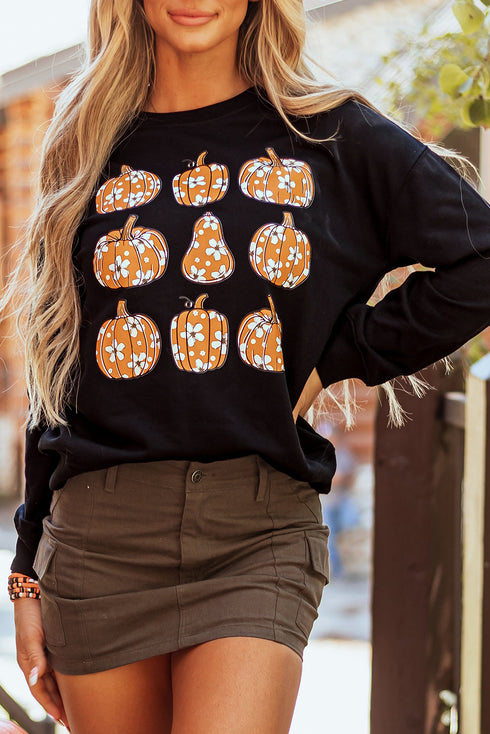 Graphic Floral Pumpkin Crew Neck Pullover Sweatshirt