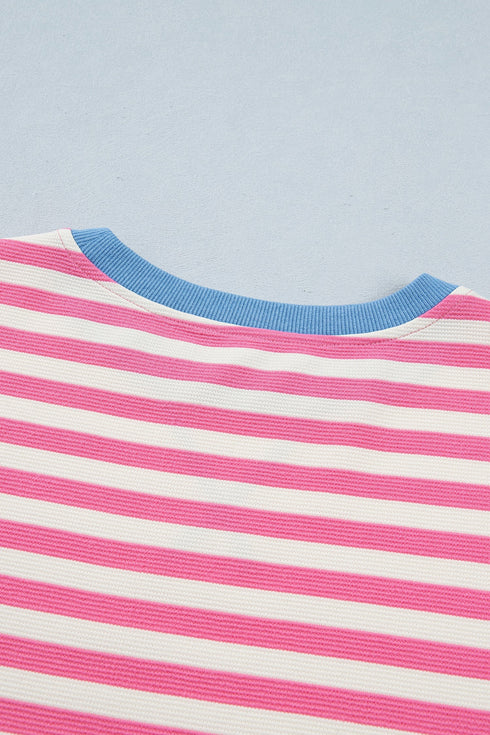 Stripe Print Contrast Patchwork Short Sleeve Loose Tee