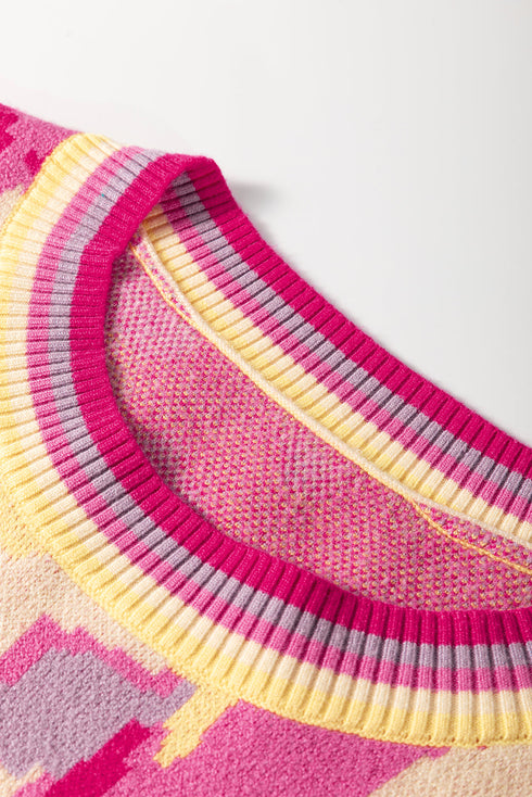 Abstract Print Ribbed Trim Pullover Knit Sweater