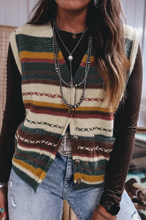 Striped Button Front Sleeveless Knit Regular Fit Sweater Vest