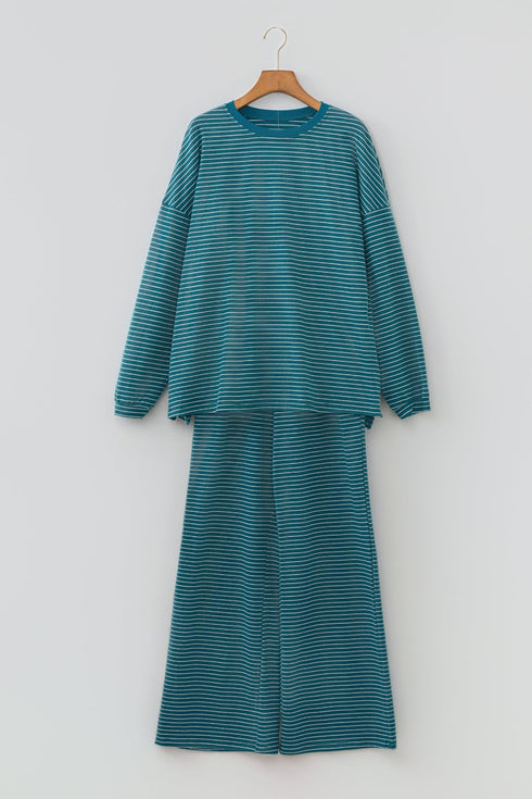 Striped Dropped Shoulder Long Sleeve Top Elastic Waist Pants Two Piece Pant Set