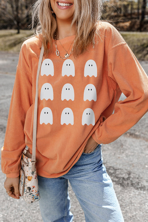 Ghost Print Corded Round Neck Pullover Sweatshirt