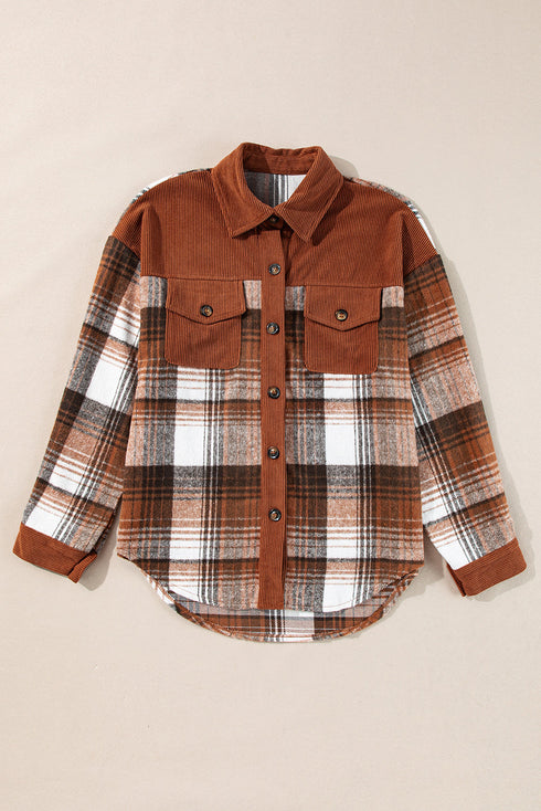 Textured Corduroy Patchwork Chest Pocket Plaid Shacket
