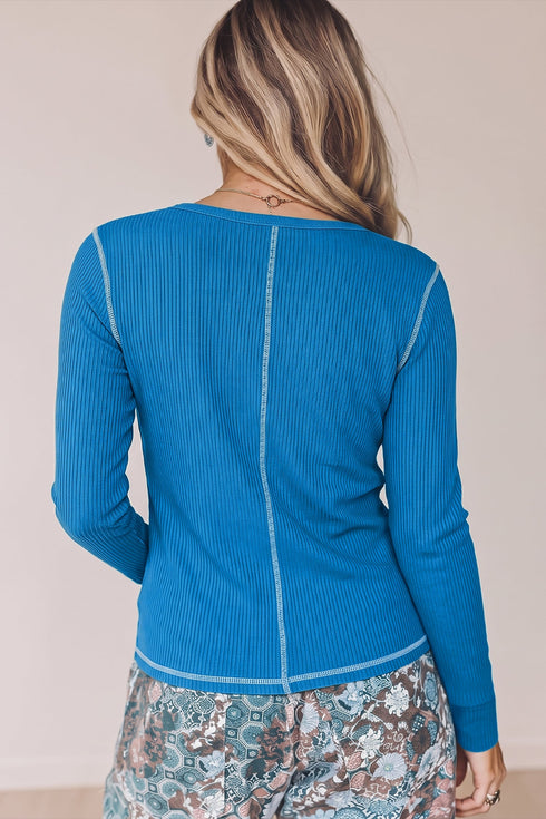 V Neck Ribbed Stitched Long Sleeve Top