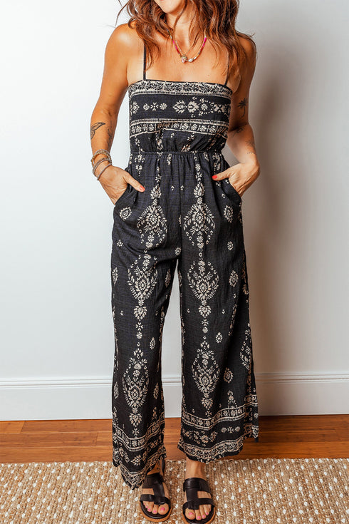 Bohemian Ethnic Print Spaghetti Strap Wide Leg Jumpsuit