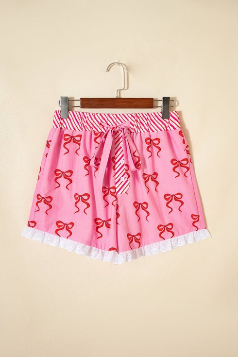 Bow Print Striped Patchwork Lace Trim Casual Shorts