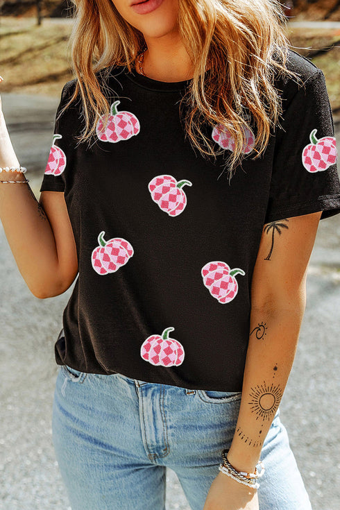 Sequin Plaid Pumpkin Graphic Round Neck Sweatshirt