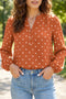 Polka Dot Half Button V Neck Long Sleeve Blouse