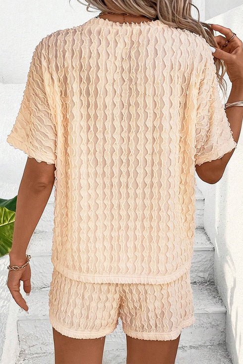 Solid Textured Frill Short Sleeve Drawstring Short Set