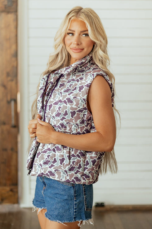 Camouflage Puffer Stand Neck Zip Up Sleeveless Vest