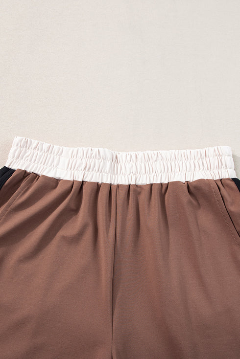 Casual Blocked Pattern Patchwork Cap Sleeve Short Set