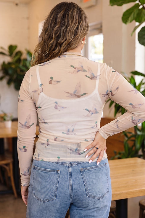 Duck Print Sheer Tunic Long Sleeve Western Blouse