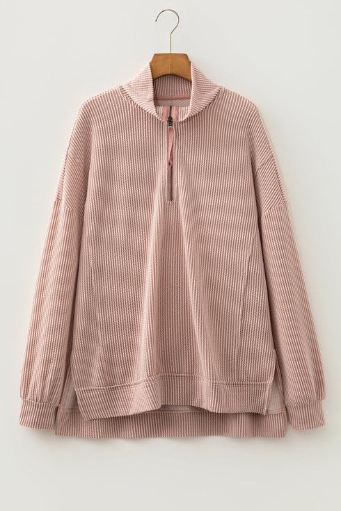 Twist Ribbed Zip Collar Drop Shoulder Long Sleeve Top