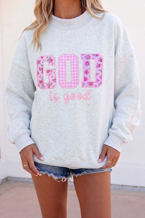God Is Good Applique Embroidered Mock Neck Sweatshirt