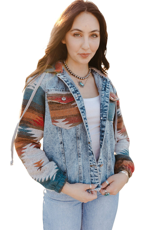 Aztec Print Patchwork Frayed Hem Western Denim Jacket