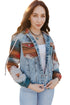 Aztec Print Patchwork Frayed Hem Western Denim Jacket