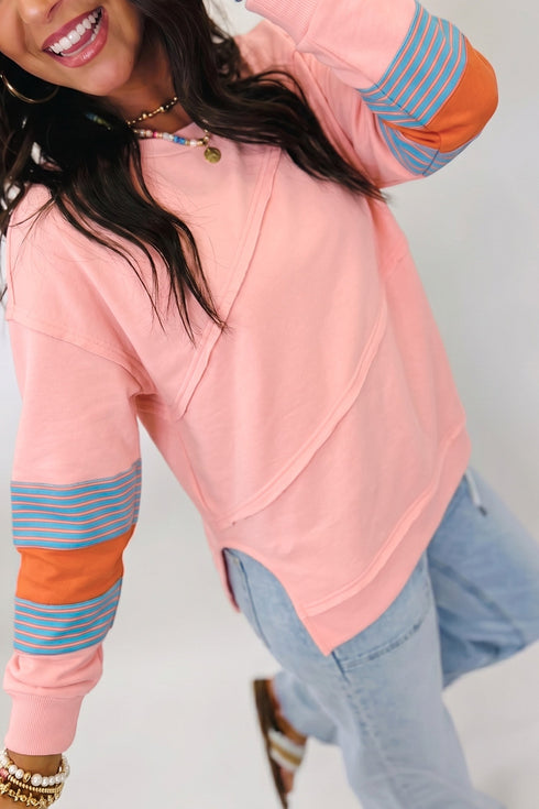 Striped Pattern Patchwork Raw Long Sleeve Top