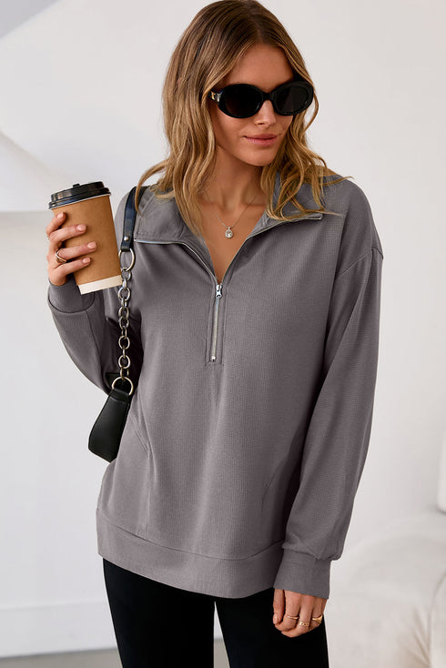 Waffle Textured Collar Half Zip Pocketed Drop Shoulder Sweatshirt