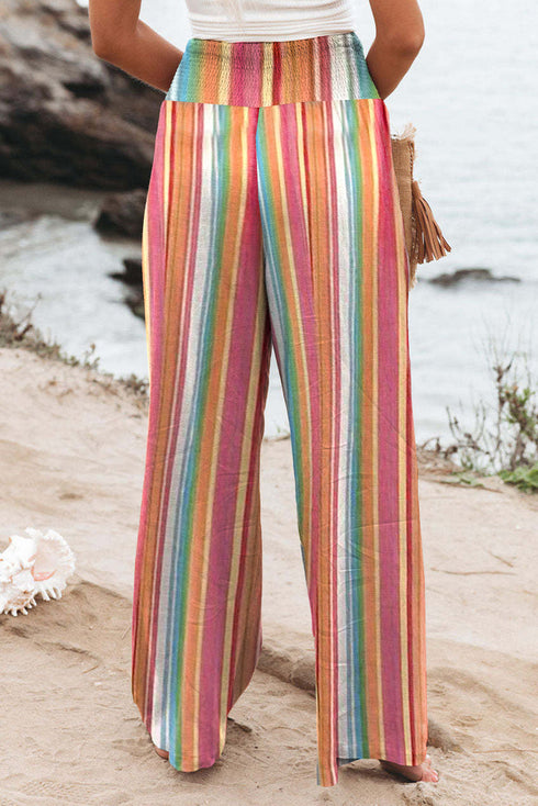 Bohemian Striped Smocked High Waist Wide Leg Pants