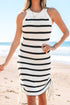 Sleeveless High Neck Striped Ruched Knit Dress