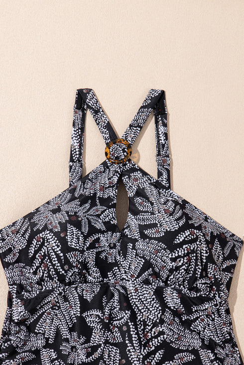 Abstract Leaf Print Halter Ring Mini Dress