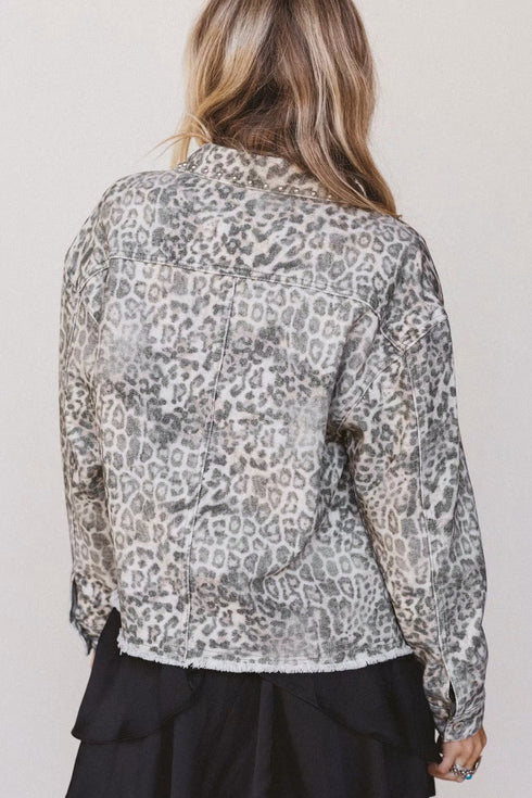 Leopard Print Studded Collar Patch Pocket Denim Jacket