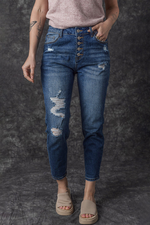 Distressed Button Fly High Waisted Skinny Denim Jeans