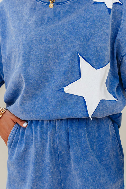 Acid Wash Star Applique Rolled Trim Pants Set