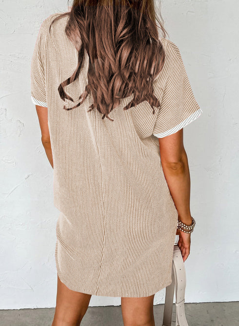 Twisted Ribbed Contrast Trim Shift T Shirt Dress