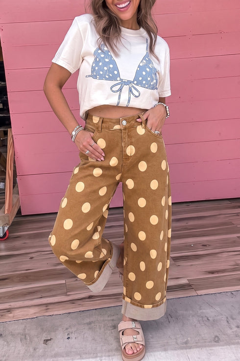 Polka Dot Ankle Length Metal Button Jeans