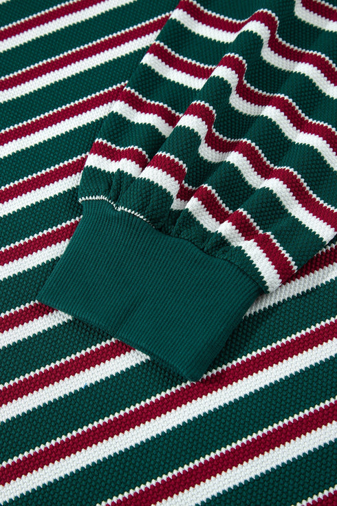 Striped Waffle Knit Round Neck Long Sleeve Sweatshirt