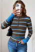 Striped Ribbed Knit Cuff Henley Button Sweater